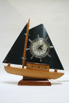 Clock, Misc, SAILBOAT, SILVER METAL SAILS & WHEEL, ELECTRICAL CORD, WOOD, MULTI-COLORED