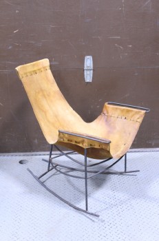 Chair, Rocking, DISTRESSED BROWN LEATHER SLING SEAT, METAL FRAME W/ROCKERS & ARMS, HAND WELDED LOOK, VINTAGE, LEATHER, BROWN
