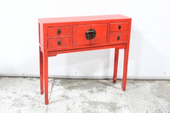 Table, Console, ASIAN STYLE, 2 DOOR CABINET, 4 DRAWERS, BRASS HARDWARE, WOOD, RED