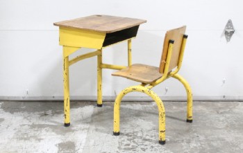 Desk, Student, VINTAGE, SCHOOL / STUDENT DESK W/WOOD TOP & CONNECTED SEAT, YELLOW METAL FRAME, AGED, METAL, YELLOW