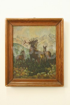 Art, Painting, CLEARABLE, ELK W/2 CALVES, BROWN WOOD FRAME, CANVAS, MULTI-COLORED