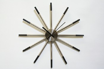 Clock, Wall, RETRO STARBURST STYLE, 12 RODS W/BLACK TIPS, BRUSHED FINISH, METAL, SILVER