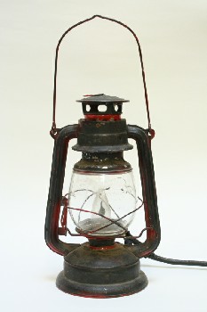 Lighting, Lantern, ELECTRIFIED, KEROSENE W/GLASS INSERT, AGED, GLASS INSERT BROKEN, METAL, RED