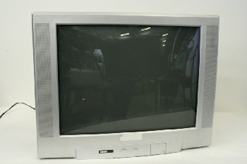Video, TV, WIDESCREEN, SPEAKERS ALONG SIDES, SCRATCHED, AGED, PLASTIC, GREY