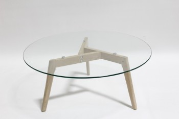 Table, Coffee Table, MODERN, WHITE OAK, 3 LEGS, ROUND TOP, GLASS, CLEAR