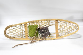 Sport, Snowshoes, SINGLE, OVAL/OBLONG DESIGN, HIDE MESH, LEATHER, ADDED GREEN CARPET SQUARE, WOOD, BROWN