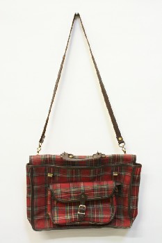 Luggage, CarryOn, PLAID W/BROWN LEATHER ACCENTS & SHOULDER STRAP, FABRIC, RED