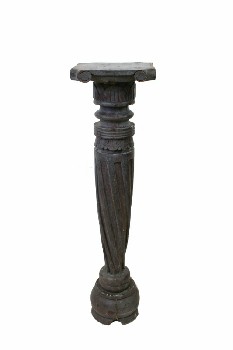 Plinth, Wood, COLUMN/PILLAR, TURNED,TWISTED VERTICAL LINES DOWN POST, ROUND BASE W/ARCHED CUTOUTS, SQUARE TOP W/CURLED CORNERS, AGED, WOOD, BROWN
