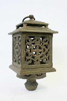 Candles, Lantern, ORNATE CUTOUT SIDES,STEPPED TOP W/ROUND BOTTOM PIECE,1 DOOR, AGED - Not Identical To Photo, This One Is Missing Loop, METAL, GREY