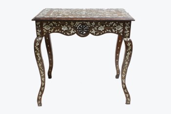Table, Side, INLAID MOTHER OF PEARL LEAVES & FLOWERS, CUTOUT MEDALLIONS, CURVED LEGS, WOOD, BROWN