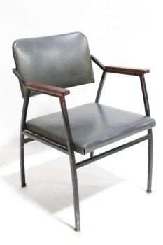 Chair, Client, VINTAGE, GREY VINYL SEAT, AGED BLACK METAL FRAME, WOOD ARMS, VINYL, GREY