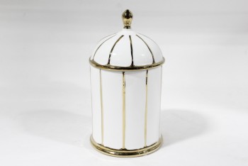 Housewares, Canister, GOLD OUTLINES,DOMED LID W/BALL TOP , CERAMIC, WHITE