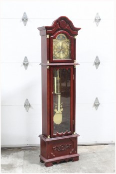 Clock, Grandfather, LONGCASE / FLOOR CLOCK W/CHAINS & PENDULUM, GOLD FACE W/ROMAN NUMERALS, WOOD, BROWN