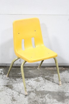 Chair, School, MOLDED SEAT W/LOWER BACK CUTOUT, CHILD SIZED, SCHOOL/CLASSROOM, AGED METAL LEGS, PLASTIC, YELLOW