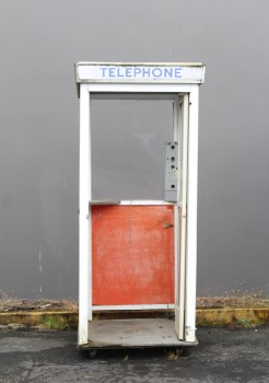 Phone, Booth, FULL SIZE 7FT OUTDOOR PUBLIC / STREET FREESTANDING TELEPHONE BOOTH, RED SKIRT, CIRCA 1960 - Phones Rent Separately, METAL, WHITE