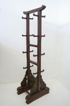 Rack, Miscellaneous, DOUBLE SIDED WEAPON / SWORD / GUN RACK W/ORNATE BASE, CARVED, 4 LEVELS OF PEG HOOKS, RUSTIC / OLD STYLE, WOOD, BROWN