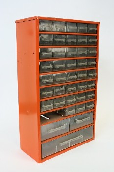 Cabinet, Parts, 38 (8x5) SM, 2 MED & 1 LG CLEAR PARTS DRAWERS, METAL, ORANGE