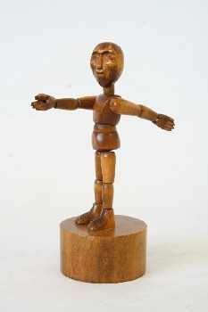 Toy, Misc, COLLAPSIBLE TOY,PERSON W/CARVED FACE & MOVABLE LIMBS, ROUND BASE/BUTTON, WOOD, BROWN