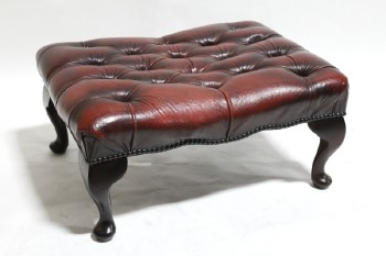 Ottoman, Rectangular, 4 CURVED WOOD LEGS, BUTTON TUFTED RECTANGULAR TOP W/TACK TRIM, FOOT REST / STOOL, LEATHER, BURGUNDY