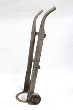 Tool, Hand Truck, ANTIQUE 2 HANDLE HAND CART, DOLLY, WOOD & RUSTED METAL FRAME, CURVED FRONT PIECE, 2 WHEELS, 