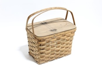 Basket, Picnic, PICNIC BASKET W/FLIP UP LIDS,2 HANDLES, WOVEN, WOOD, BROWN