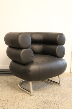 Chair, Armchair, MODERN,TUBULAR STACKED CUSHION BACK & ARM RESTS, CHROME LEGS, EILEEN GRAY BIBENDUM , LEATHER, BLACK
