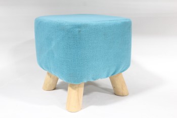 Ottoman, Round, SMALL FOOT STOOL / REST OR CHILD'S SEAT, 4 WOOD LEGS, SQUARE BLUE TOP, FABRIC, BLUE