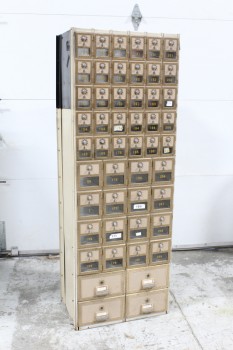 Building, Mailbox, ANTIQUE POST OFFICE MAIL BOX UNIT, FREESTANDING, 30 SMALL, 16 MEDIUM & 4 LARGE CUBBYS, BACKLESS, NO KEYS, AGED, METAL, BRASS