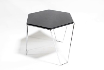 Table, Side, MODERN STYLE, BLACK HEXAGON TOP, 3 CONNECTED CHROME LEGS, METAL, BLACK