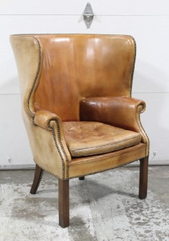 Chair, Armchair, ANTIQUE, CLUB, HIGH CURVED BACK, WING, STUDDED TACK TRIM, ROLLED ARMS, SINGLE BUTTON TUFTED CUSHION, WOOD LEGS, AGED, LEATHER, BROWN