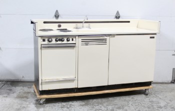 Counter, Misc, VINTAGE KITCHENETTE OR CABIN / APARTMENT / TINY HOME APPLIANCE UNIT, 3 BURNER STOVE, OVEN, SINK, COUNTER W/BACKSPLASH, FRIDGE, ROLLING AS 1 UNIT, MID CENTURY MANUFACTURE DATE (1940s-60s), METAL, CREAM