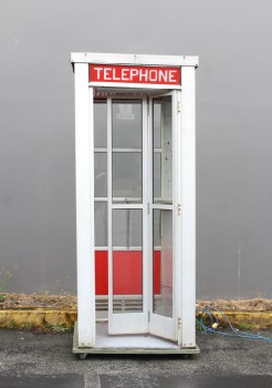 Phone, Booth, FULL SIZE 7FT OUTDOOR PUBLIC / STREET FREESTANDING TELEPHONE BOOTH, RED SKIRT / PANEL & SIGNAGE, CIRCA 1960 - Phones Rent Separately, METAL, GREY