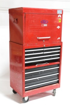 Cabinet, Garage, WORK OR AUTO SHOP / MECHANIC, TOOL DRAWERS, TOP CABINET IS LOCKED, STICKERS, ROLLING, USED, AGED, METAL, RED