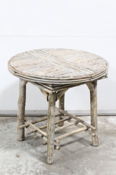 Table, Rustic, ROUND TOP, STICKS & BRANCHES, LOWER LEVEL OF CROSSED STICKS, LOG LEGS, RUSTIC, WOOD, GREY