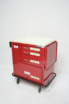 Medical, Cart, CRASH / CODE / MAX CART OR SIMILAR, EMERGENCY SUPPLY W/OUTLET, 3 DRAWERS, FOLD OUT SIDE TRAY, ROLLING, METAL, RED