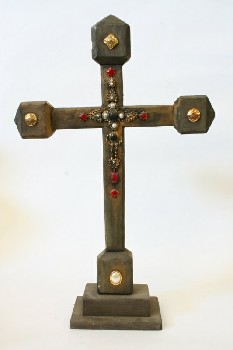 Religious, Cross, STEPPED BASE,PLASTIC JEWELS,WIDER POINTED ENDS , WOOD, GREY