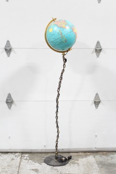 Globe, Floor, FREESTANDING GLOBE ON POST MADE OF RIGID CHAIN, HOMEMADE LOOK, ROUND BASE, METAL, MULTI-COLORED