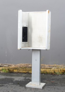 Phone, Payphone, ALUMINUM, INDOOR, FREESTANDING PEDESTAL BOOTH, MOUNT IS ON SIDE, PERFORATED PANEL,  ASYMMETRICAL, CIRCA 1985, PUBLIC, INTERIOR - Phones Rent Separately, METAL, SILVER