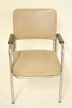 Chair, Office, CHROME TUBE FRAME W/BLACK PLASTIC ARM TOPS, METAL, TAN