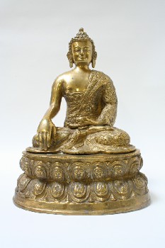 Statuary, Tabletop, SITTING BUDDHA ON ORNATE OVAL BASE, METAL, BRASS
