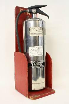 Fire, Extinguisher, SILVER, WATER W/PIN & HOSE, IN RED WOOD HOLDER, WOOD, RED