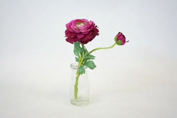 Plant, Fake, 2 FAKE FLOWERS IN SMALL GLASS MILK BOTTLE, PLASTIC, PINK