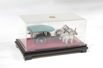 Decorative, Asian Smalls, DISPLAY CASE W/CLEAR PLASTIC COVER & WOOD BASE, CHINESE, 4 HORSES PULLING CHARIOT, 