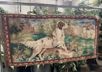 HUNTING DOG & BIRD, VINTAGE WALL HANGING OR RUG, FRINGE, AGED, Textiles