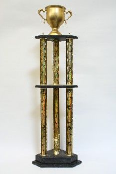 Trophy, Cup, CUP W/HANDLES, 2 LEVELS W/MEN HOLDING WREATHS, 3 COLUMNS, METAL, GOLD