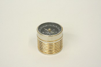 Science/Nature, Compass, CYLINDRICAL, RIBBED SIDES, BLACK FACE, METAL, GOLD