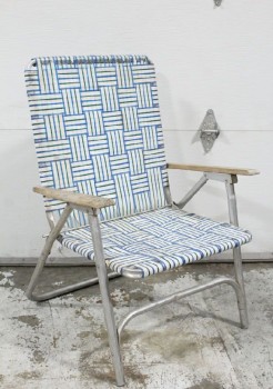 Chair, Folding, OUTDOOR / LAWN, WORN WOOD ARMS, TUBULAR FRAME, GREEN / BLUE / WHITE STRIPES, AGED, FRONT / BOTTOM RUNG CUT OFF, NYLON, GREEN