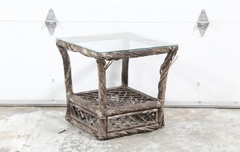 Table, Side, TWISTED WICKER FRAME, LATTICE, GLASS TOP, VERY AGED, DISTRESSED, WICKER, BROWN