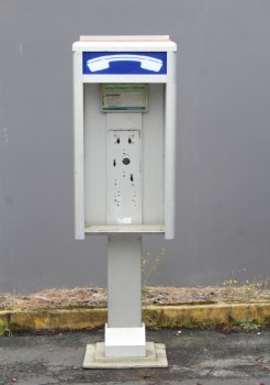 Phone, Payphone, OUTDOOR, FREESTANDING PEDESTAL BOOTH, CIRCA 1985, SIGNAGE, PUBLIC, EXTERIOR - Phones Rent Separately, METAL, SILVER