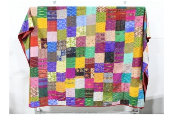 Bedding, Blanket, APPROX 7.5FT x 8.5FT, FRAGILE, HANDMADE, COULD ALSO BE TABLECLOTH, QUILT, TAPESTRY OR SIMILAR, COLOURFUL PATCHWORK SQUARES W/VISIBLE STITCHING, XL, FABRIC, MULTI-COLORED